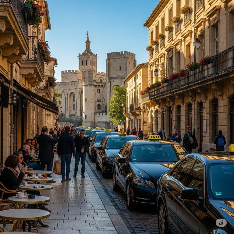Taxis in an Avignon street with the Popes' Palace in the background